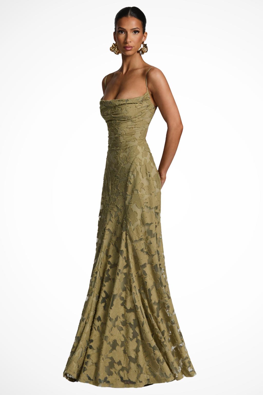 Weißes Damen Maxikleid elegant, mit Wasserfallausschnitt, perfekt als Hochzeitsgastkleid oder für Gala-Events. [[lstfy-media:5]]