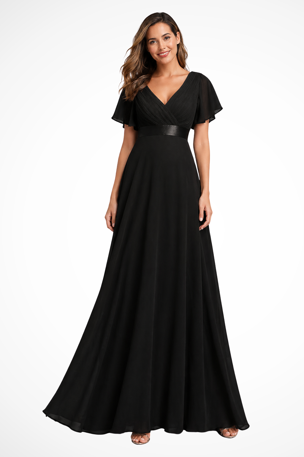 Langes Damen Festkleid mit tiefem V-Ausschnitt und zarten Flatterärmeln für Abendanlässe & Hochzeiten.