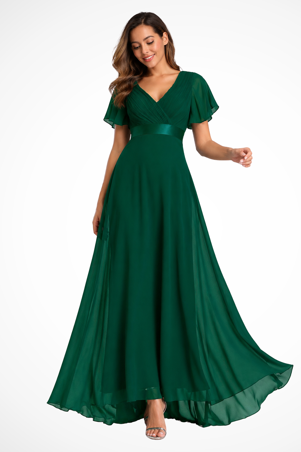 Elegantes Damen Maxikleid mit V-Ausschnitt & Flatterärmeln, ideal als Festkleid für Hochzeitsgäste & Gala.
