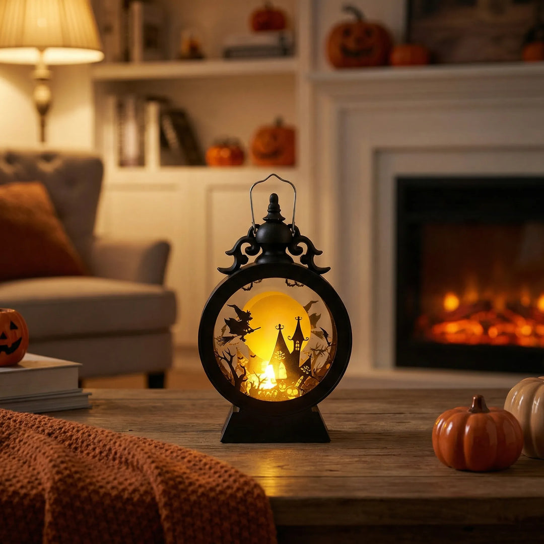 Gotische LED-Halloween-Laterne für gruselige Spuk-Deko. Perfekt für stimmungsvolle Wohnungsdekoration.