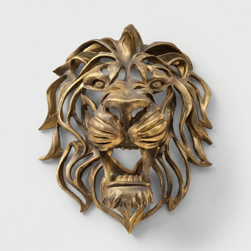 Prächtiges goldenes Löwenkopf Wandrelief, luxuriöses Kunstwerk als Tierdeko und exklusive Wanddekoration.