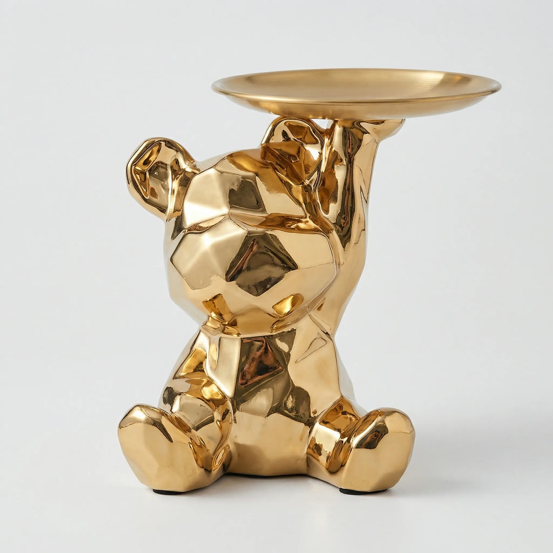 Stilvolle silberne Bärchenfigur mit kleiner Schale, ideal für Schmuck oder als Geldgeschenk.