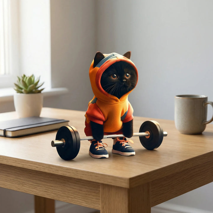 Lustige Sport-Katzenfigur in dynamischer Pose, originelle Tierdeko für Schreibtisch oder Regal, einzigartiges Geschenk.