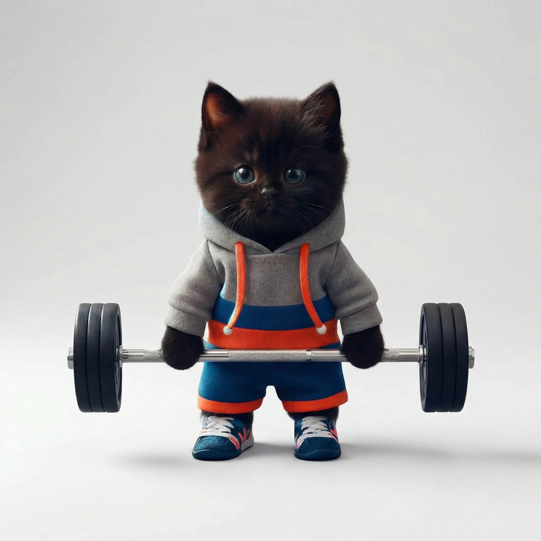 Humorvolle Katzenfigur mit Sportmotiv, einzigartige Tierdeko als lustiges Wohnaccessoire & Geschenkidee.