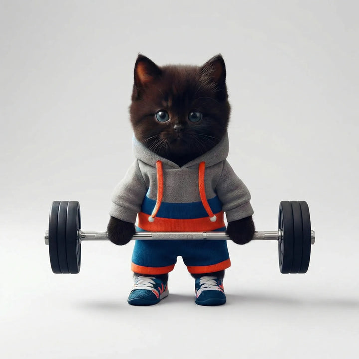 Humorvolle Katzenfigur mit Sportmotiv, einzigartige Tierdeko als lustiges Wohnaccessoire & Geschenkidee.
