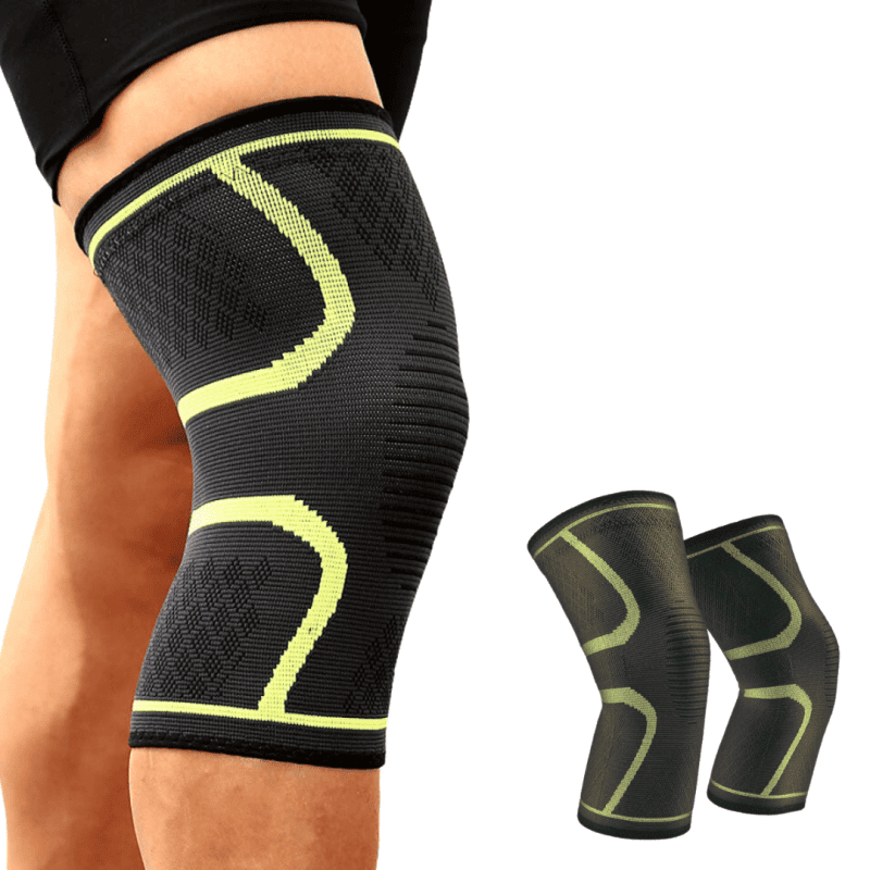 Sportler trägt schwarze Kompressions-Kniebandage beim Laufen. Ideal für Fitness, Radfahren & Knieschutz.