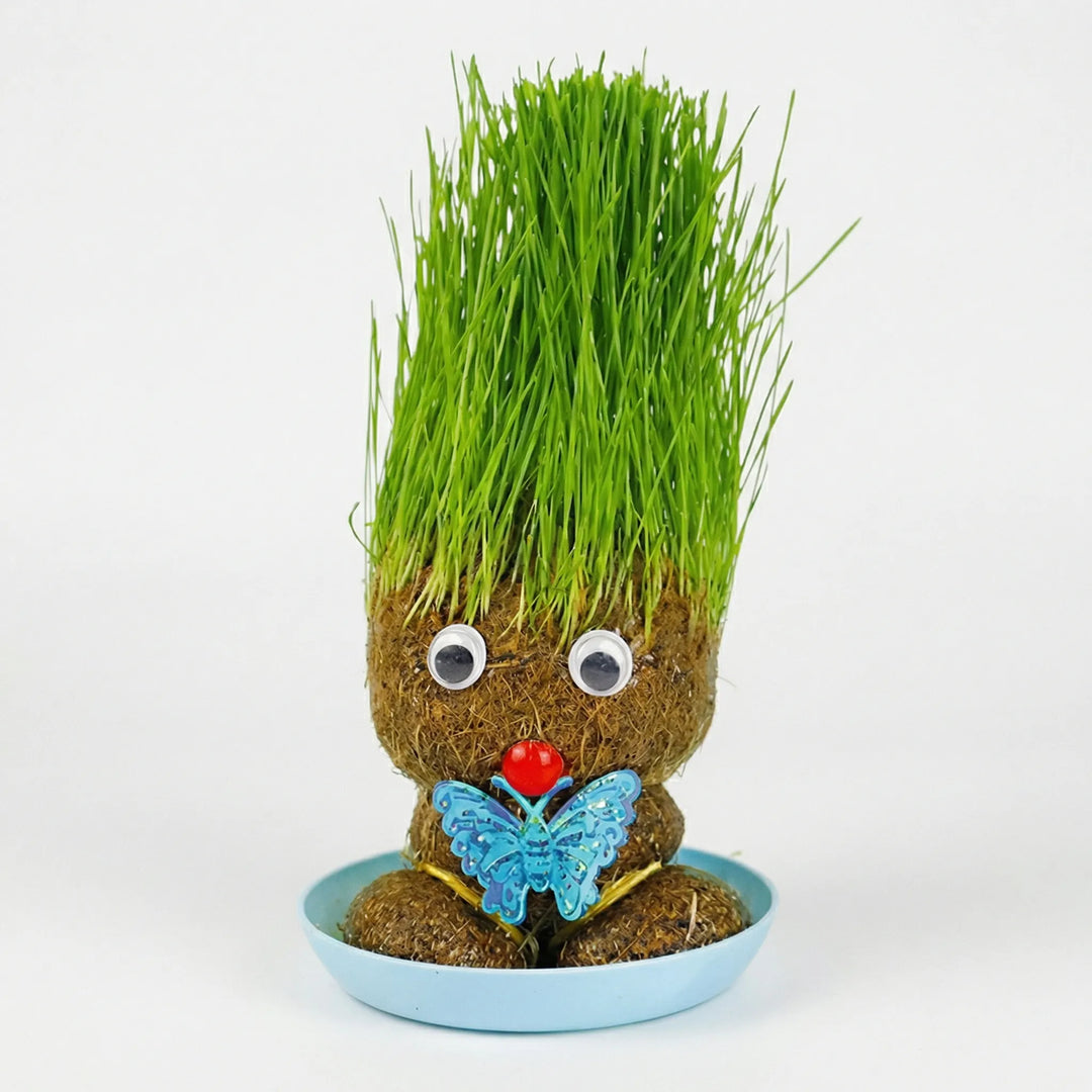 Humorvolle Pflanzfigur mit Grashaaren, eine besondere Dekoration und kreatives Wohnaccessoire für jeden Raum.