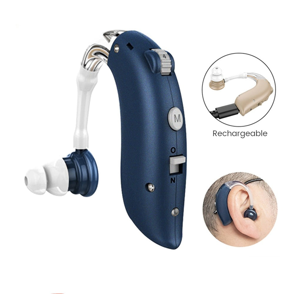 Wiederaufladbare universelle SoundPro Hörgeräte für klares Hören, diskret und komfortabel im Ohr.