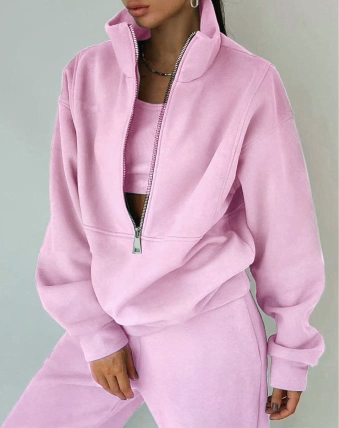 Elegantes Damen Lounge Set, zweiteiliger Hausanzug mit Hose und Pullover für gemütliche Herbst-Winter-Abende.