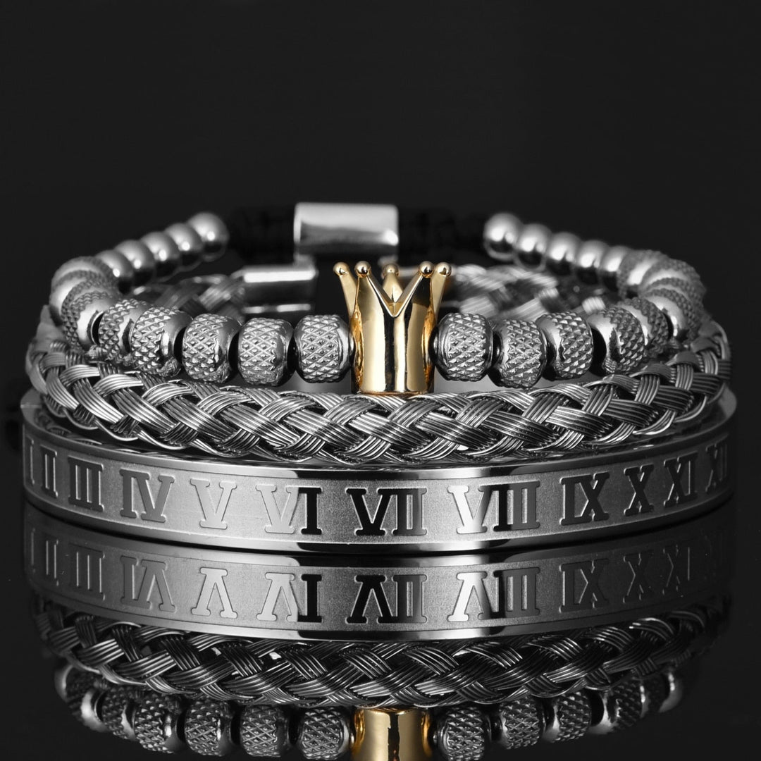 Stilvolles Herren Armbandset Julius aus Metall, mit edlem Kronen-Design und römischen Ziffern. Perfekter Männer-Schmuck.