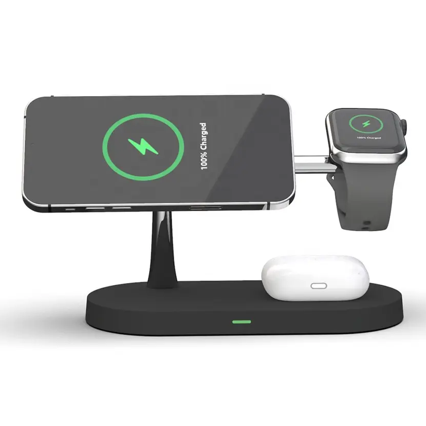 Schwarzes 3-in-1 Schnellladegerät für Handy, Smartwatch und kabellose Ohrhörer, USB-C.