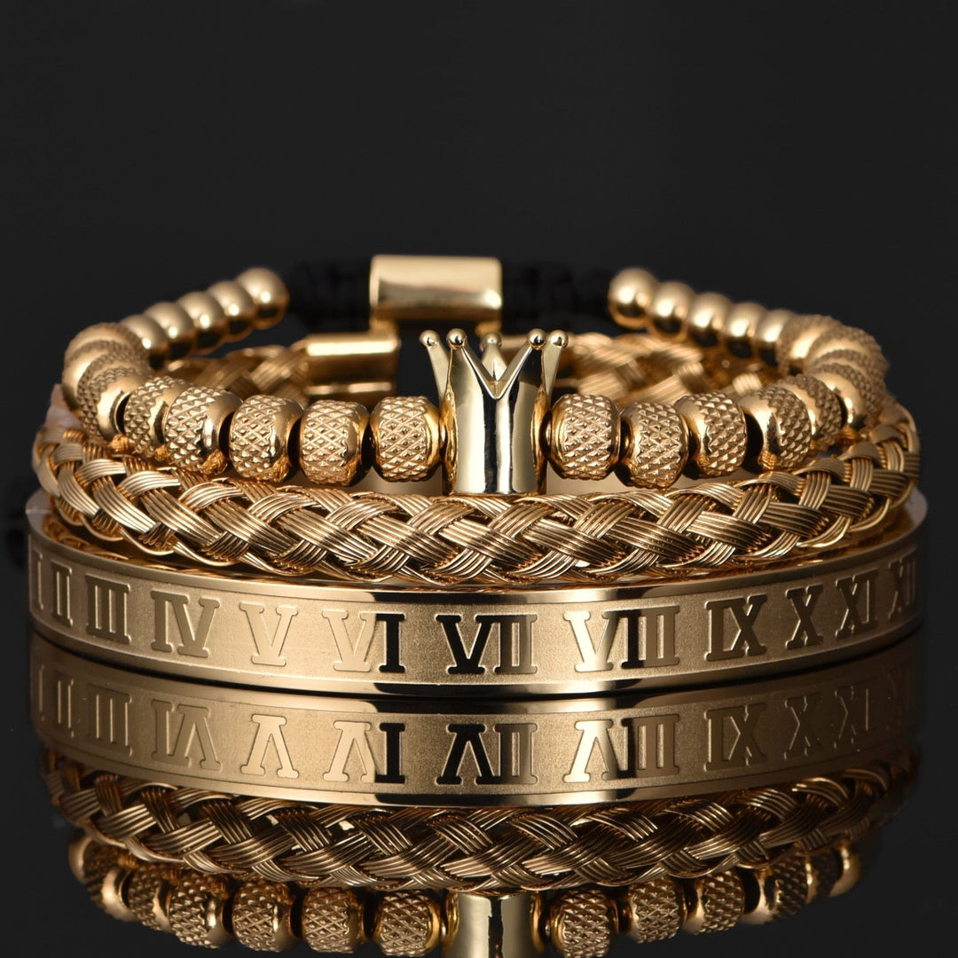 Luxuriöses Herren Armbandset Julius mit Kronen-Design und römischen Ziffern. Edles, verstellbares Männer-Accessoire.