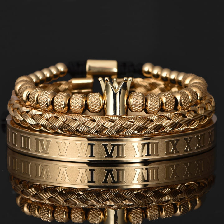 Luxuriöses Herren Armbandset Julius mit Kronen-Design und römischen Ziffern. Edles, verstellbares Männer-Accessoire.