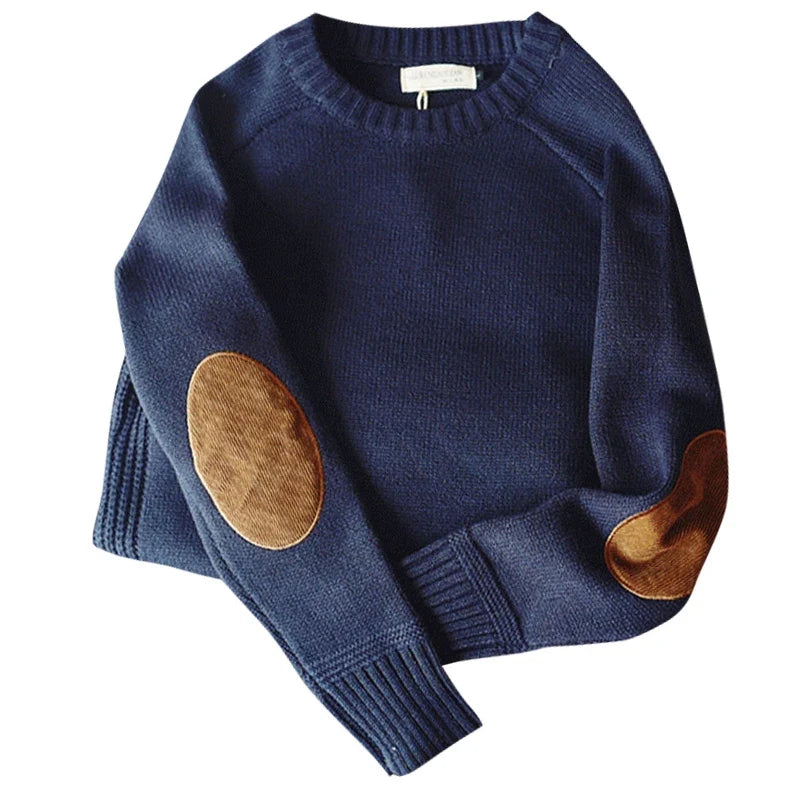 Warmer Langarm Herren Strickpullover für Männer. Stilvolle Ellenbogen-Patches, ideal für Herbst- und Wintermode.
