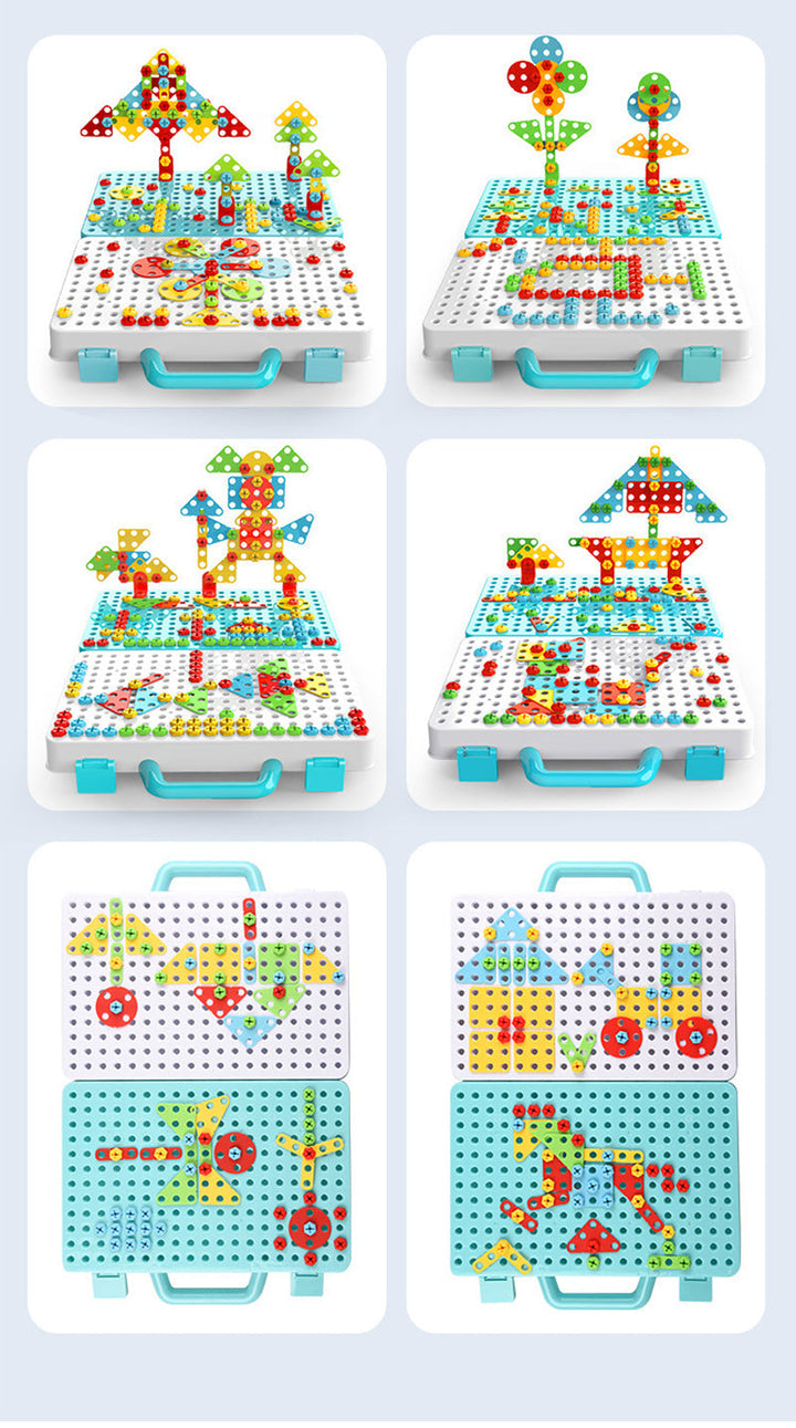 Kinder entdecken ihre Kreativität mit dem Bastelset und der Spielzeugbohrmaschine. Unendliche Möglichkeiten.