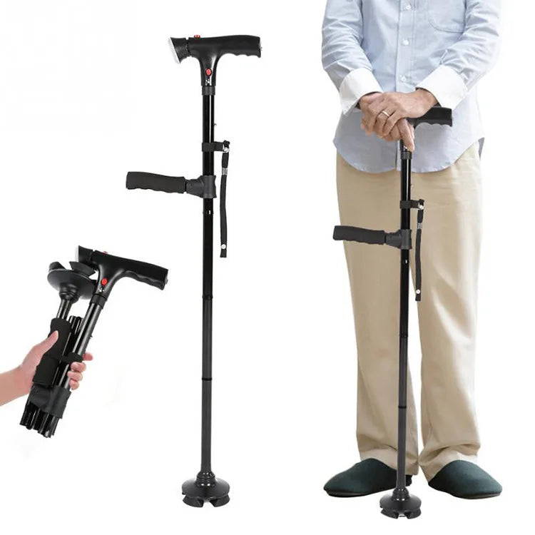 Faltbarer SureStep Gehstock für Senioren mit integriertem LED-Licht bietet Sicherheit & Mobilität bei Tag und Nacht.