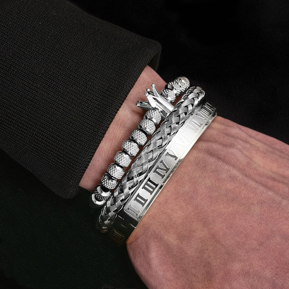 Edles Herren Armbandset Julius mit prominentem Kronen-Design und Ziffern. Ein stilvolles und luxuriöses Geschenk für Männer.