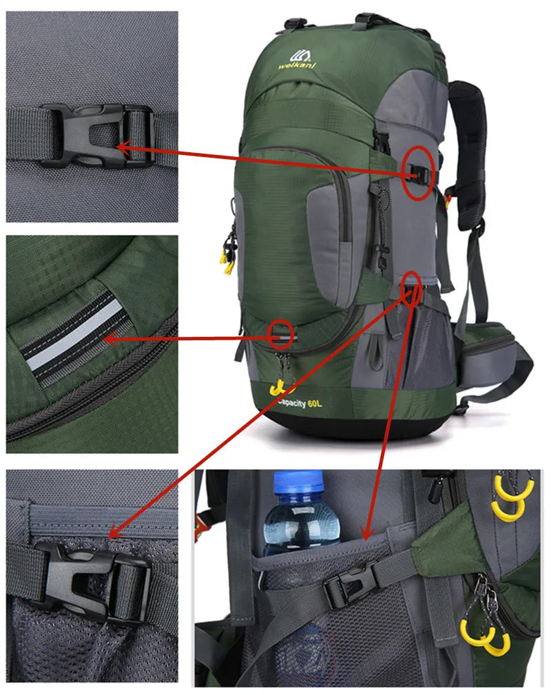 Strapazierfähiger 60L Outdoor-Rucksack, wasserdicht, optimal für Abenteuer, Camping und Extremeinsätze.