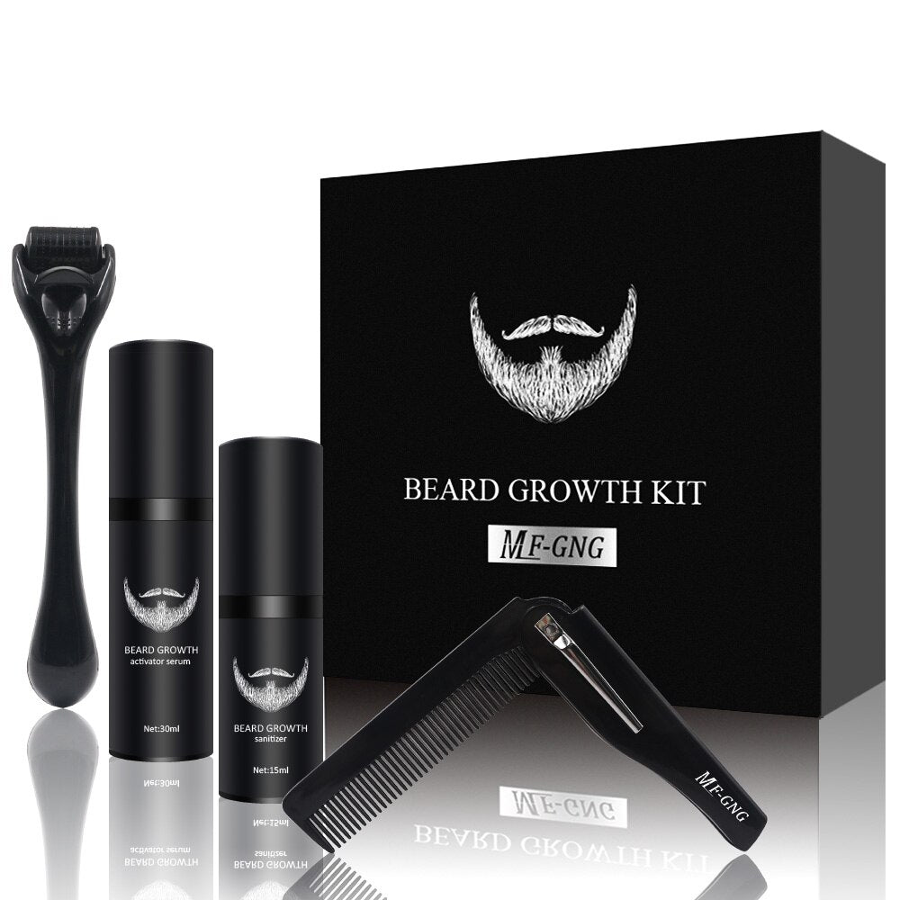 Komplettes Bartpflege-Set für Herren: Bartwuchs-Kit mit Derma Roller, Öl, Balsam, Kamm & Schere für bestes Styling.