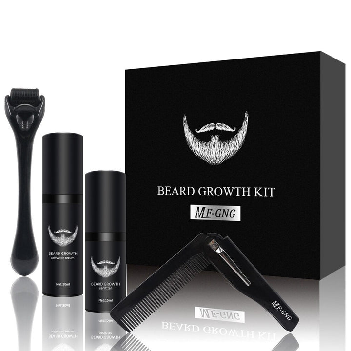 Komplettes Bartpflege-Set für Herren: Bartwuchs-Kit mit Derma Roller, Öl, Balsam, Kamm & Schere für bestes Styling.