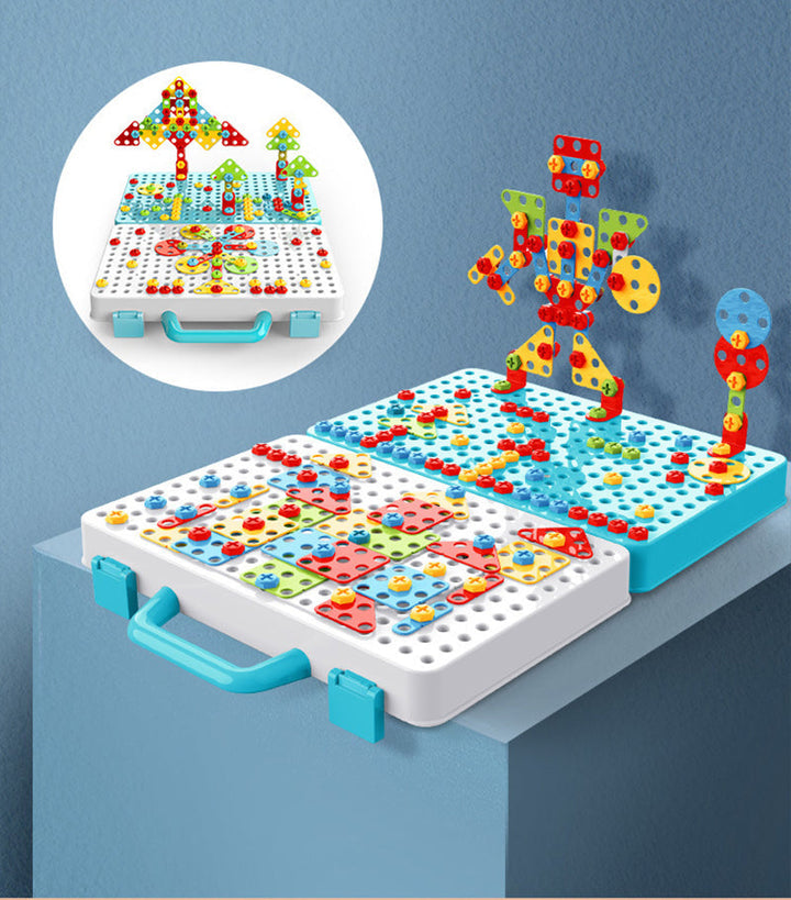 Vielfältige Bauteile und Werkzeuge des Konstruktionsspielzeugs, bereit für fantasievolle Kreationen.