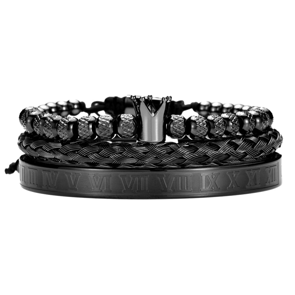 Herren Armbandset Julius: Zwei elegante Armbänder mit Kronen-Design und römischen Ziffern. Luxuriöser Look für Männer.