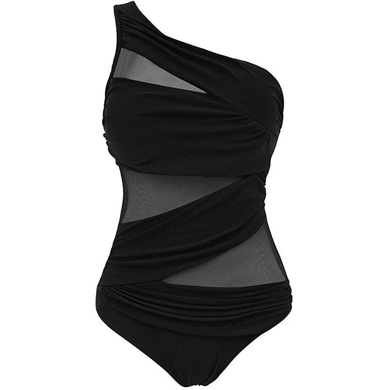 Schwarzer Ein-Schulter-Schwimmanzug für Damen, klassisch & elegant. Ideale Resort Wear und Bademode für Sommer.