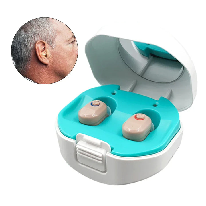 Wiederaufladbare Mini In-Ear Hörhilfe für Senioren; einfache Handhabung und lange Akkulaufzeit.