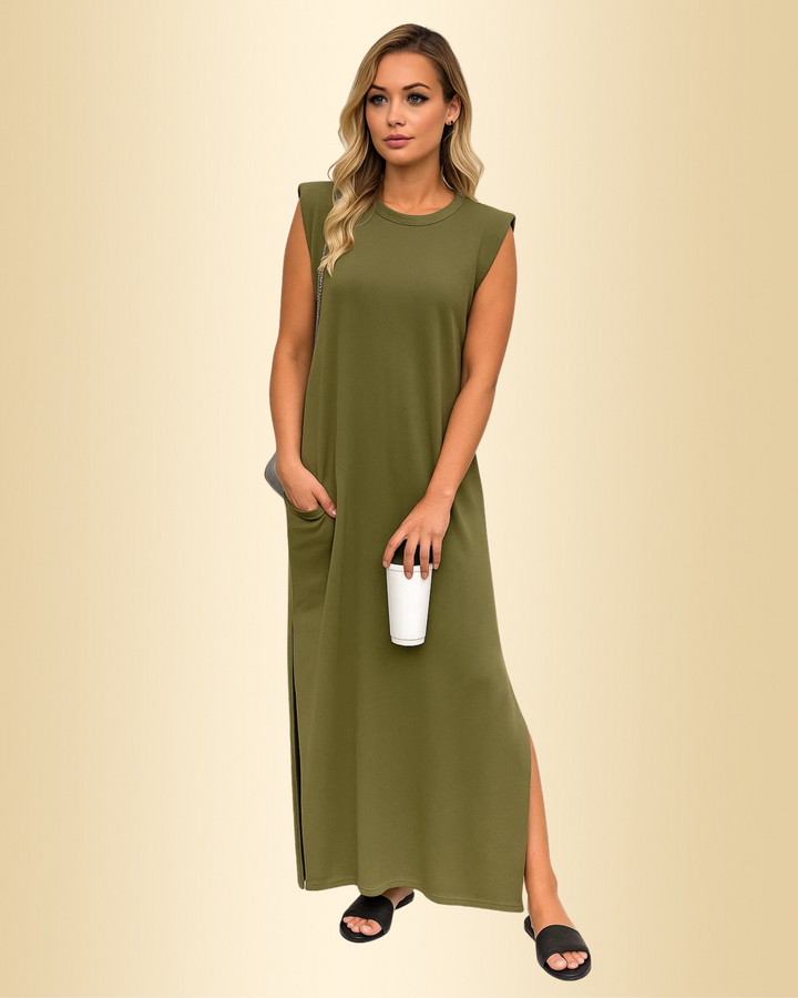 Ärmelloses Damen A-Linie Maxikleid, leicht & fließend für Sommerurlaub oder Freizeit. Bequemes Sommerkleid.