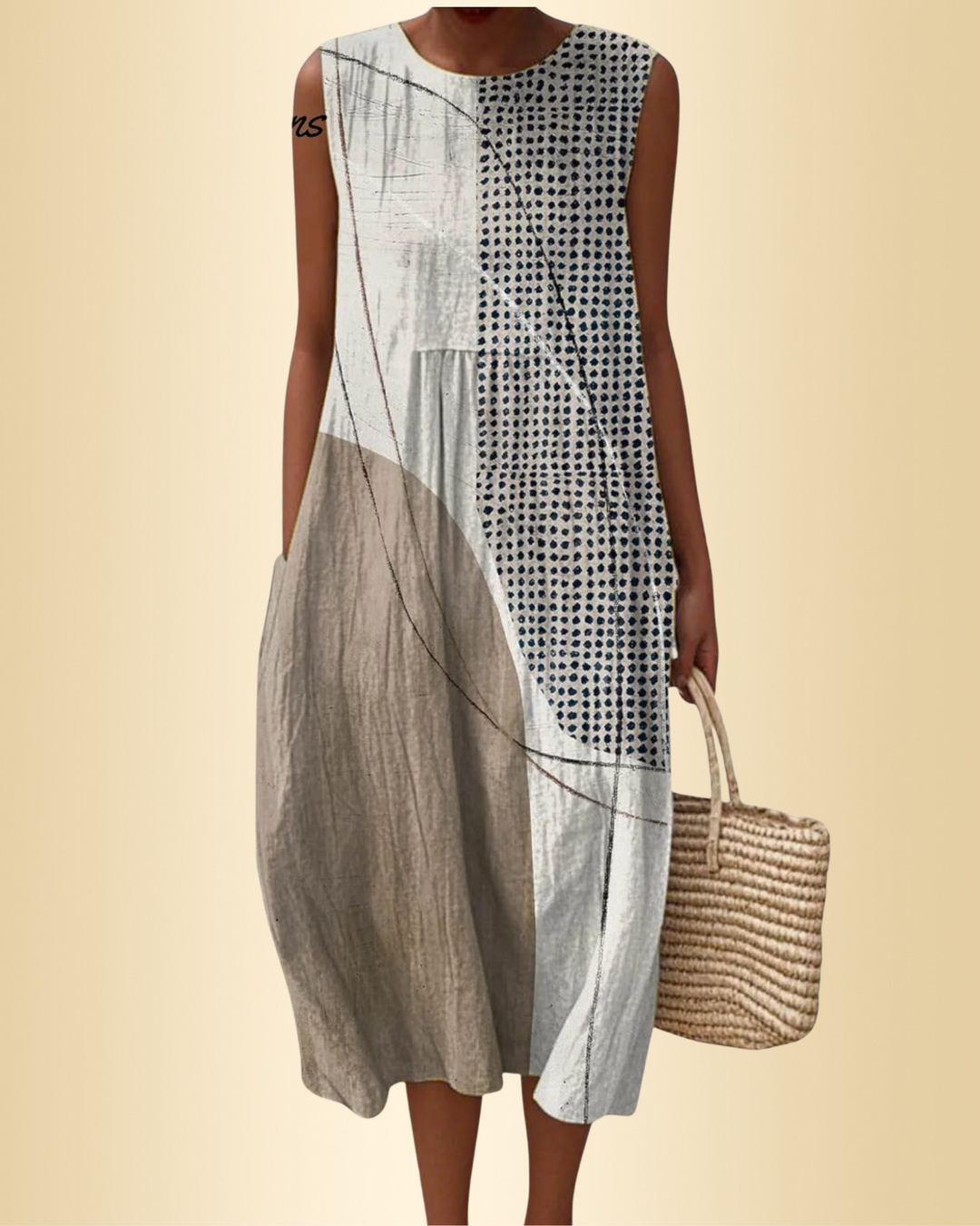 Modernes Damen Sommerkleid in Grau mit abstraktem Muster. Locker geschnitten, bequem und vielseitig als Tageskleid.
