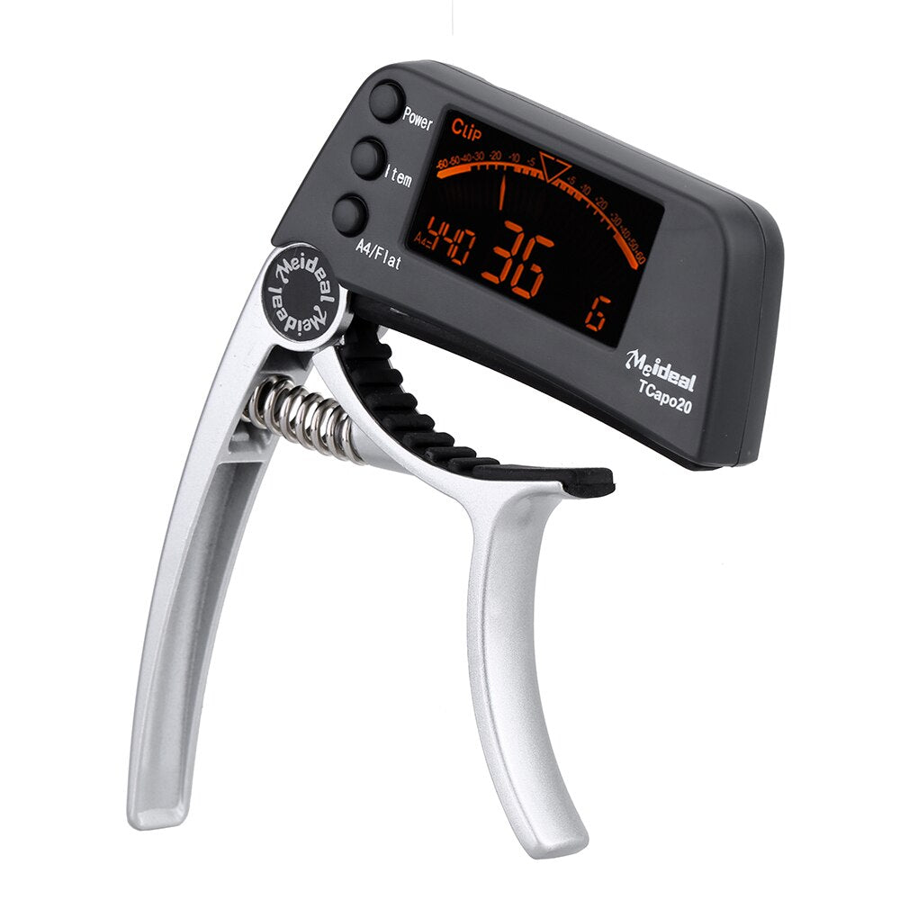 Hochwertiger 2-in-1 Capo & Stimmgerät aus robustem, leichtem Aluminium, perfekt für Musiker unterwegs.