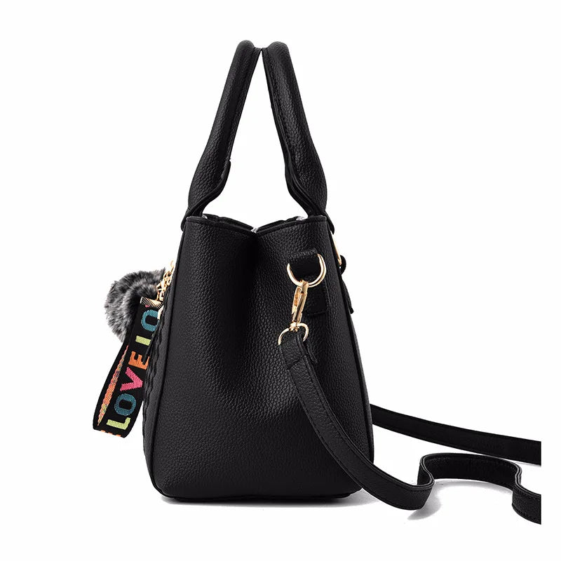 Schwarze Damen Leder Umhängetasche mit feiner Stickerei; stilvolle Schultertasche & Handtasche.
