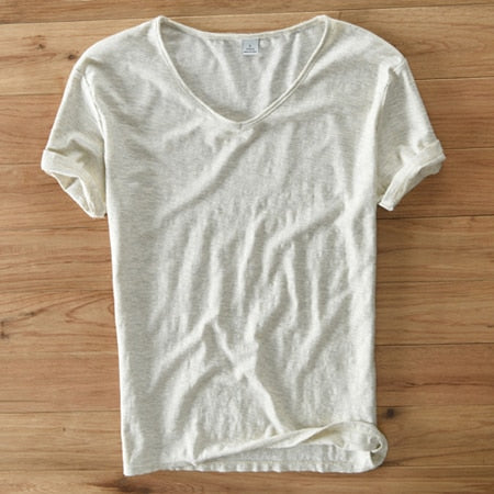 Luca Herren V-Ausschnitt Leinen Shirt, kurzärmlig, stilvoll für den Alltag.