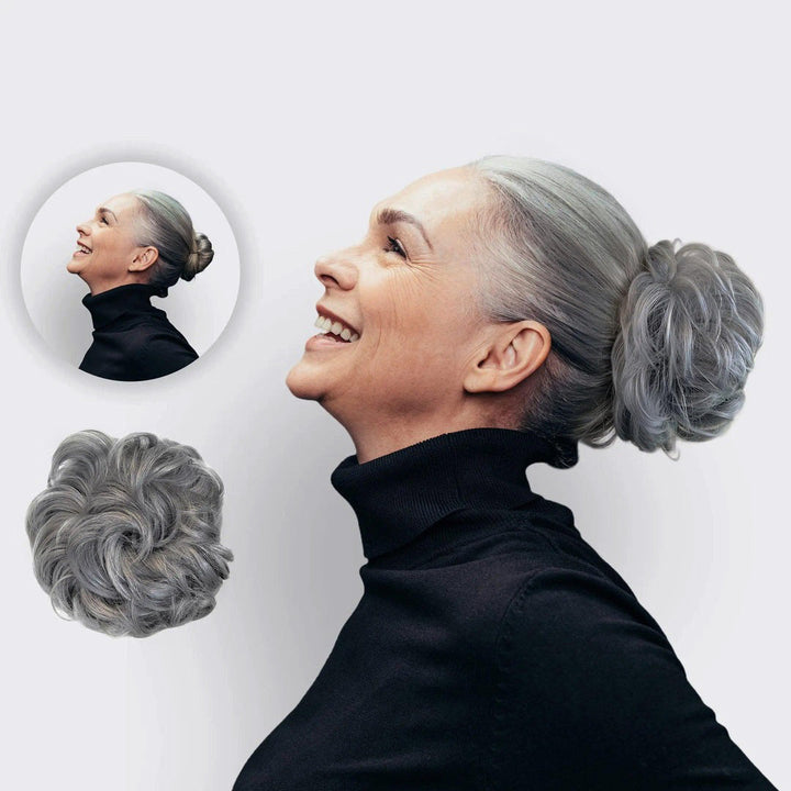 Einfacher Dutt mit Haar Scrunchie aus Kunsthaar, sofort mehr Volumen, blond.