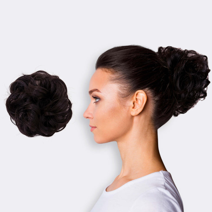 Braunes Kunsthaar Scrunchie für einfachen, vollen Haardutt.