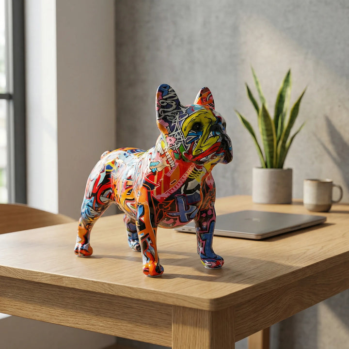 Handbemalte Bulldoggen Figur im farbenfrohen Graffiti-Stil; moderne Dekoration für urbanes Wohndekor.