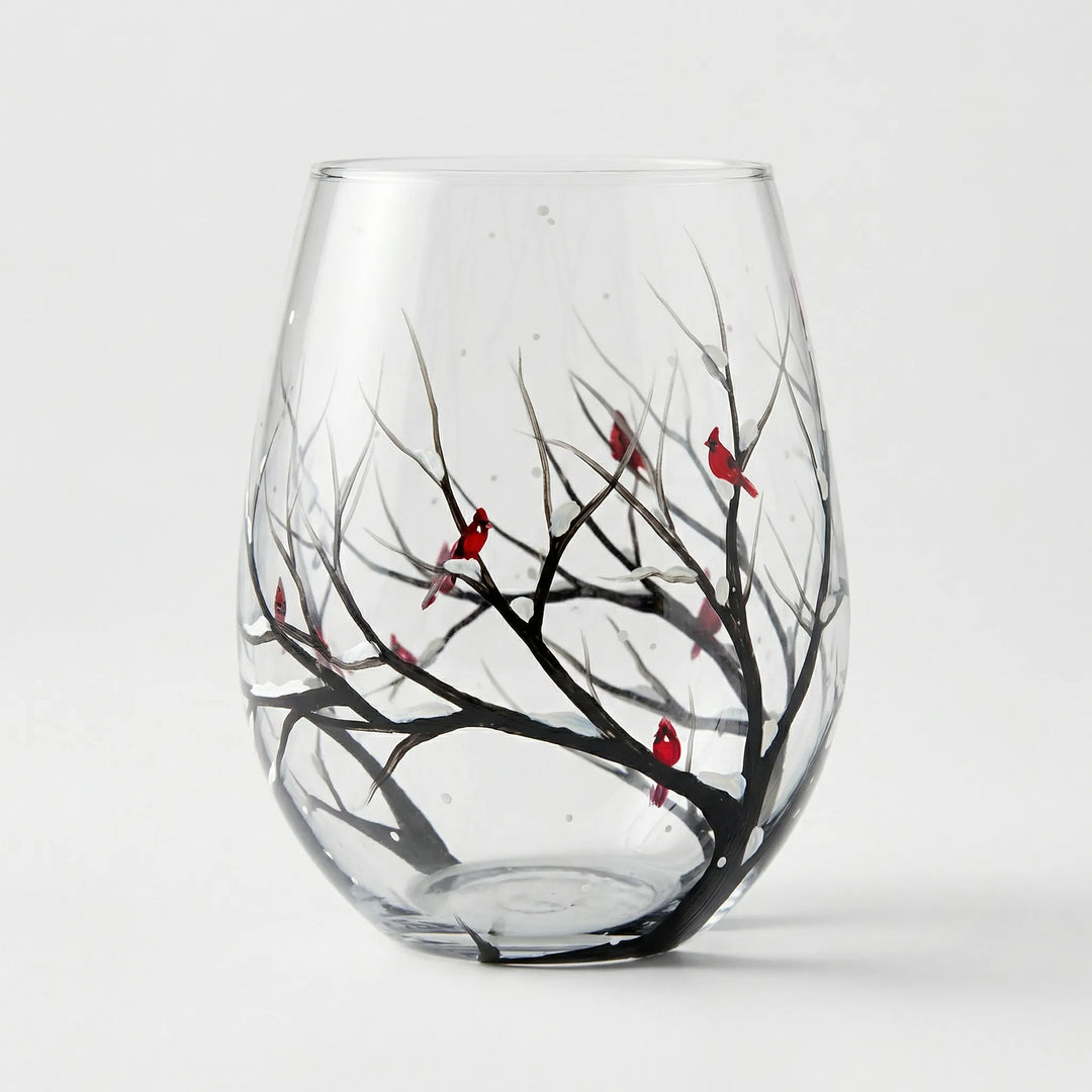 Genieße Wein aus diesem handbemalten Weinglas mit Jahreszeiten-Baum; ein Unikat für besondere Momente.