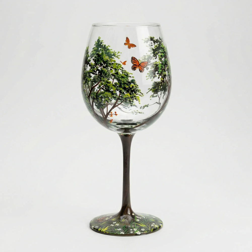 Nahaufnahme des handbemalten Jahreszeiten-Baum-Motivs auf elegantem Weinglas, ein besonderes Unikat.