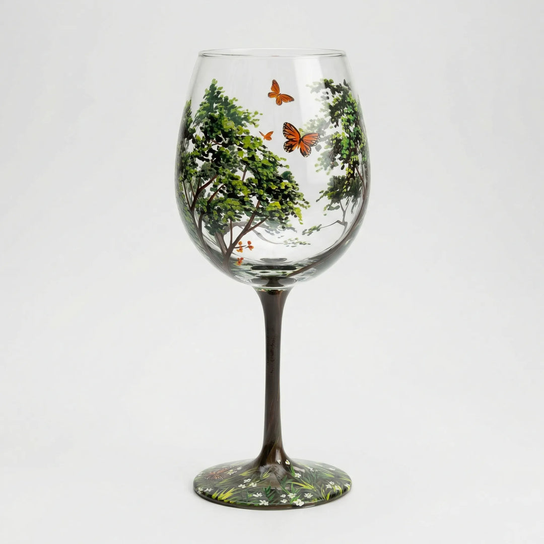 Nahaufnahme des handbemalten Jahreszeiten-Baum-Motivs auf elegantem Weinglas, ein besonderes Unikat.