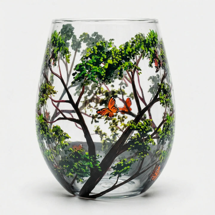 Weinglas mit lebendigem Jahreszeiten-Baum-Design, handbemalt; Frühling, Sommer, Herbst & Winter vereint.