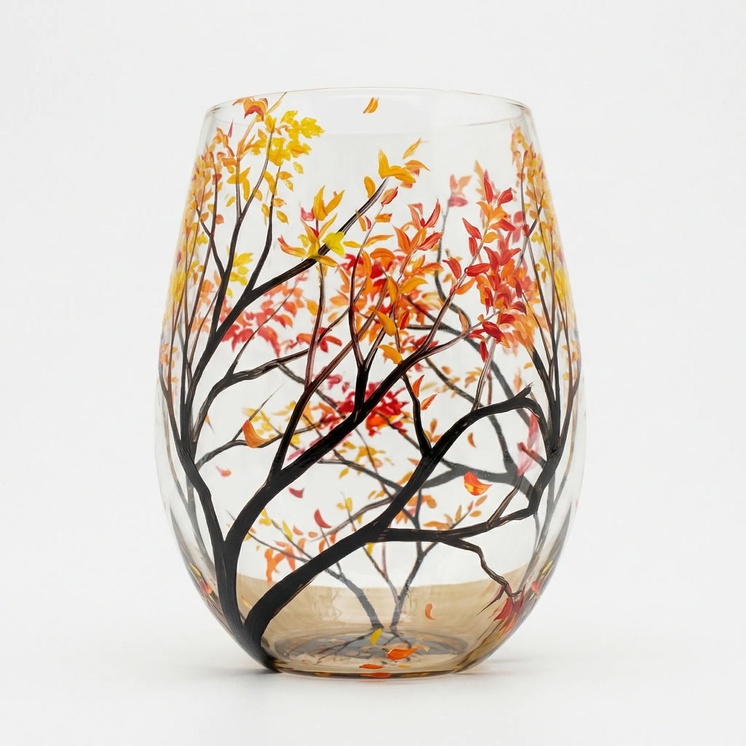 Hochwertiges Glas, handbemalt mit filigranem Jahreszeitenbaum-Design, ein Meisterwerk der Glaswaren.