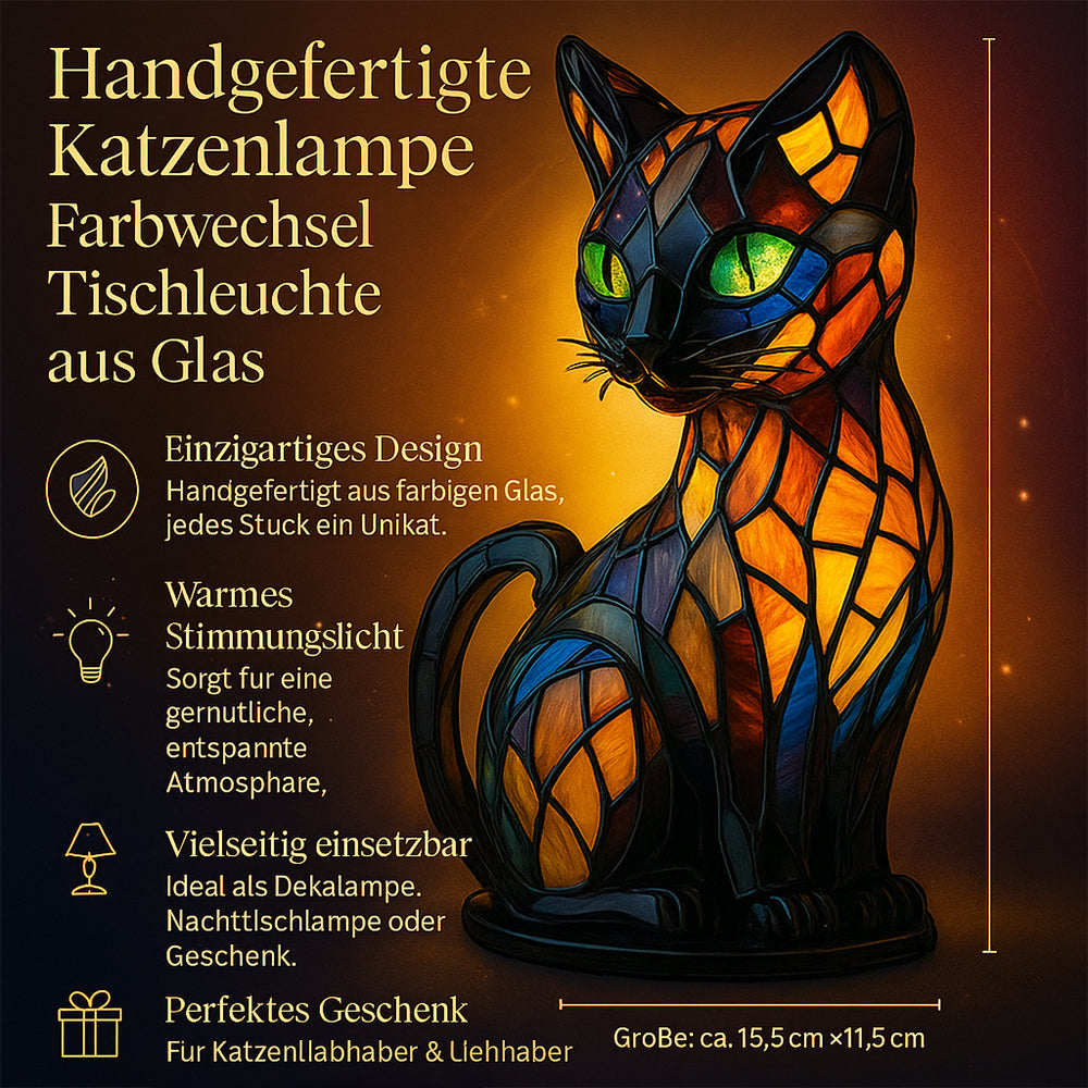 Leuchtende Katzenlampe aus Glas. Handgefertigte Dekolampe mit Farbwechsel für gemütliche Abende.