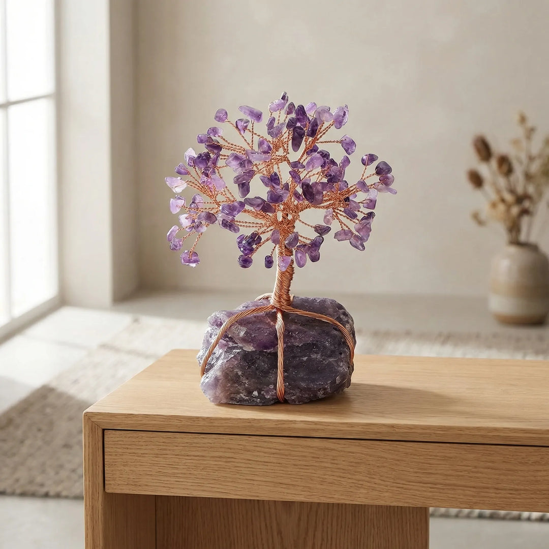 Handgefertigter Lebensbaum mit echten Edelsteinen (Amethyst, Rosenquarz) als einzigartige Fengshui Dekoration.