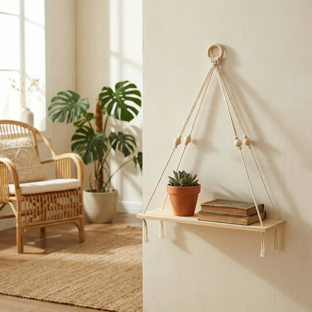 Hängendes Boho Wandregal aus Makramee, handgemacht, ideal für stilvolle Wanddekoration im Wohnzimmer.