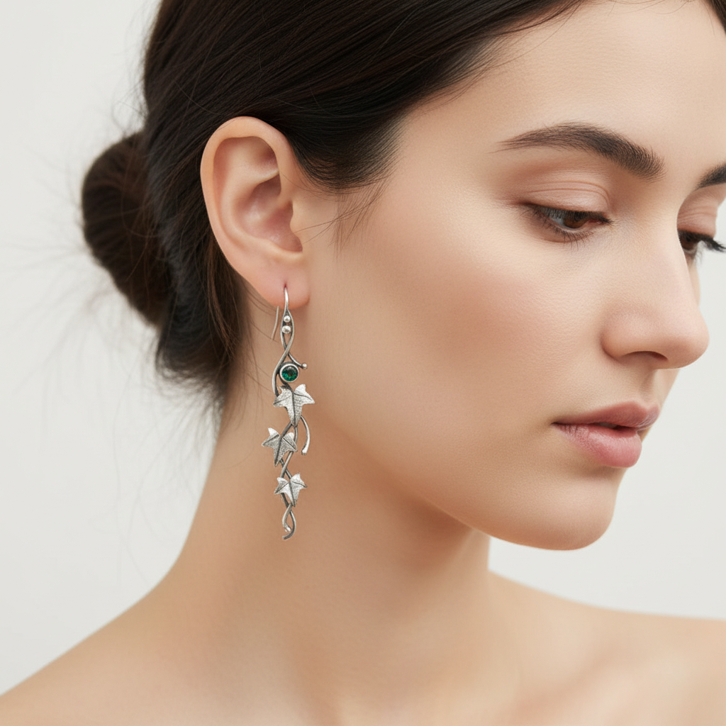 Nahaufnahme: Handgefertigte hängende Blattform-Ohrringe aus Sterlingsilber für Damen. Edler Damenschmuck.