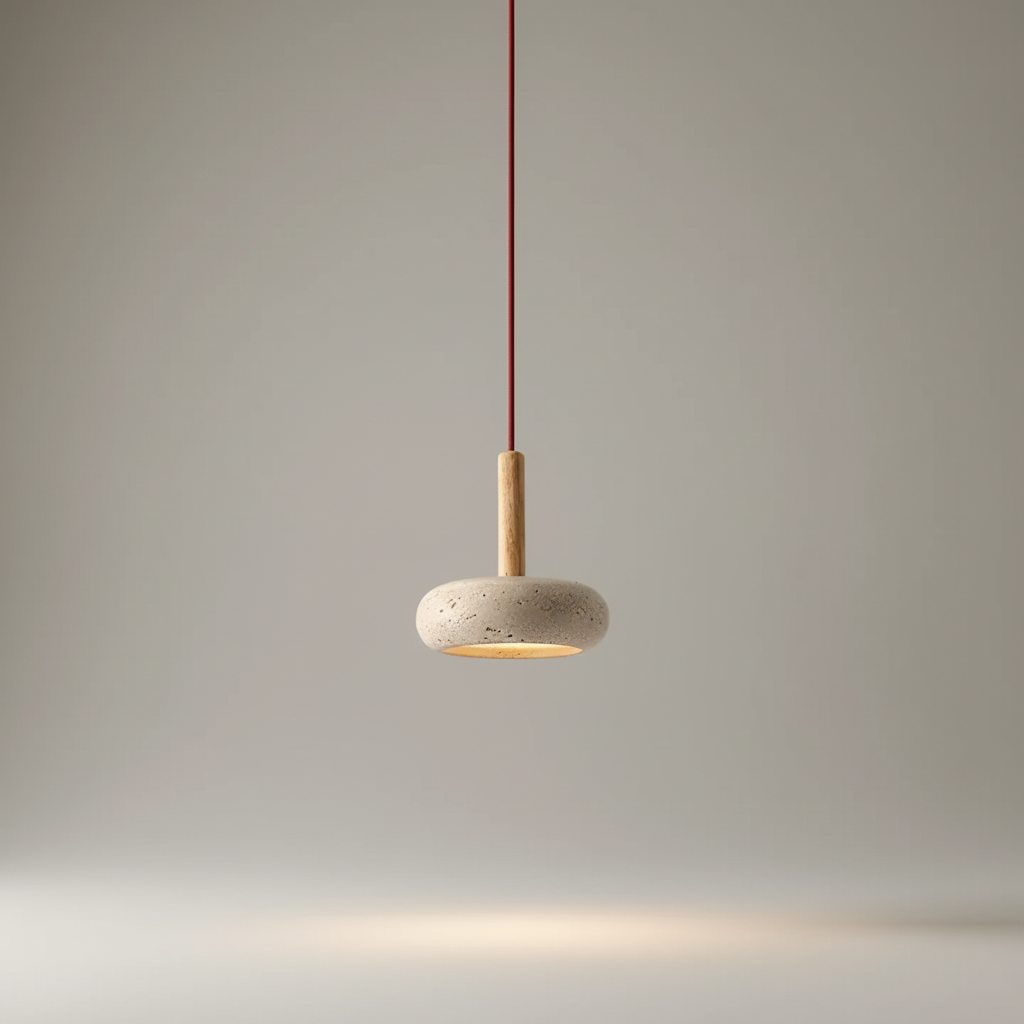 Stein-Pendelleuchte TranquilRing mit Holzdetails für stilvolle Esstische. Moderne Hängeleuchte mit warmem Licht.