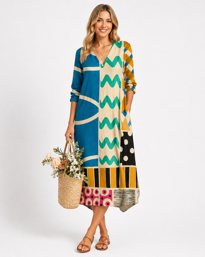 Elegantes Damen Patchwork Frühlingskleid mit langen Ärmeln im Boho-Stil, mehrfarbig und bequem für den Frühling.