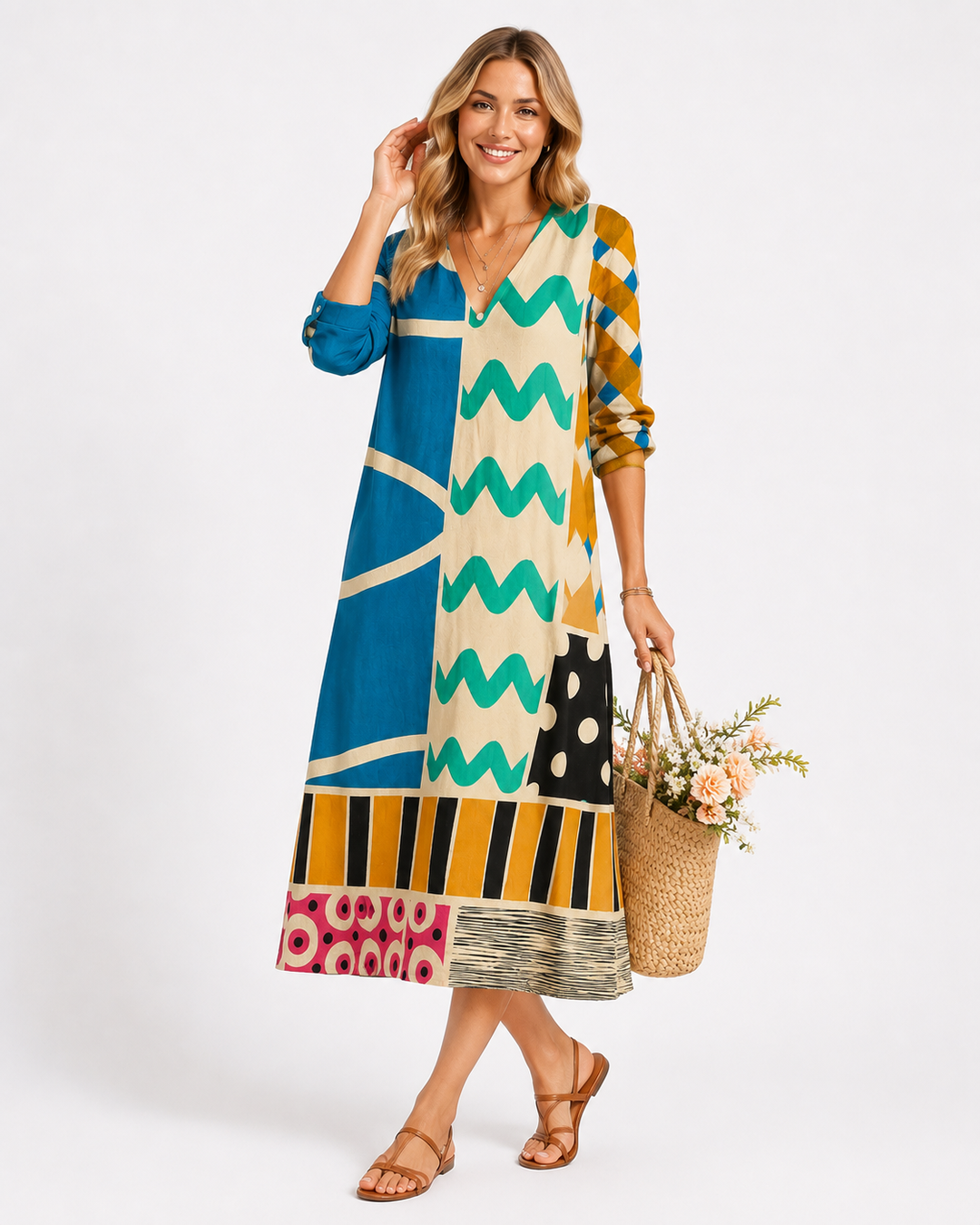Bequemes mehrfarbiges Damen Langarm Frühlingskleid im Patchwork-Design, ideal als stilvolles Freizeitkleid.