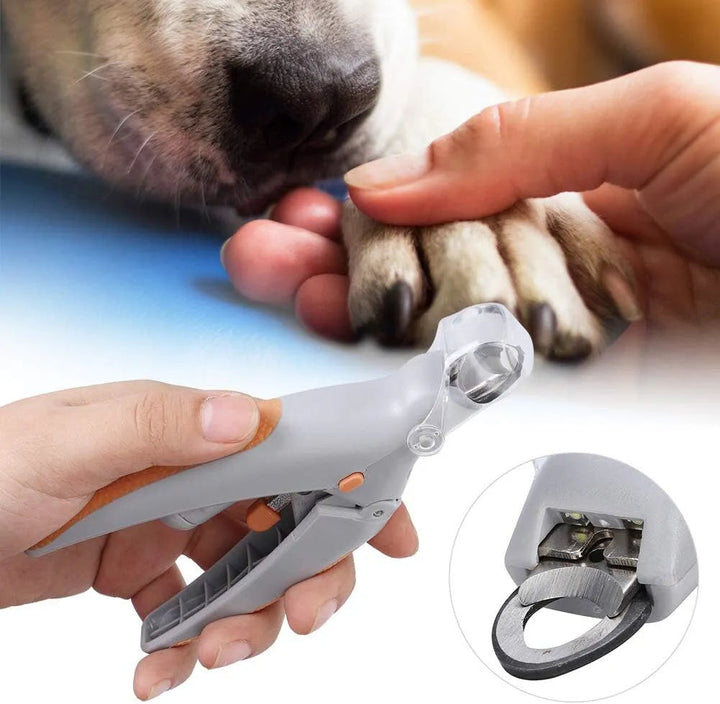 Detailaufnahme des Pflegewerkzeugs: LED Nagelschneider für Hunde und Katzen, unerlässlich für professionelle Haustierpflege.