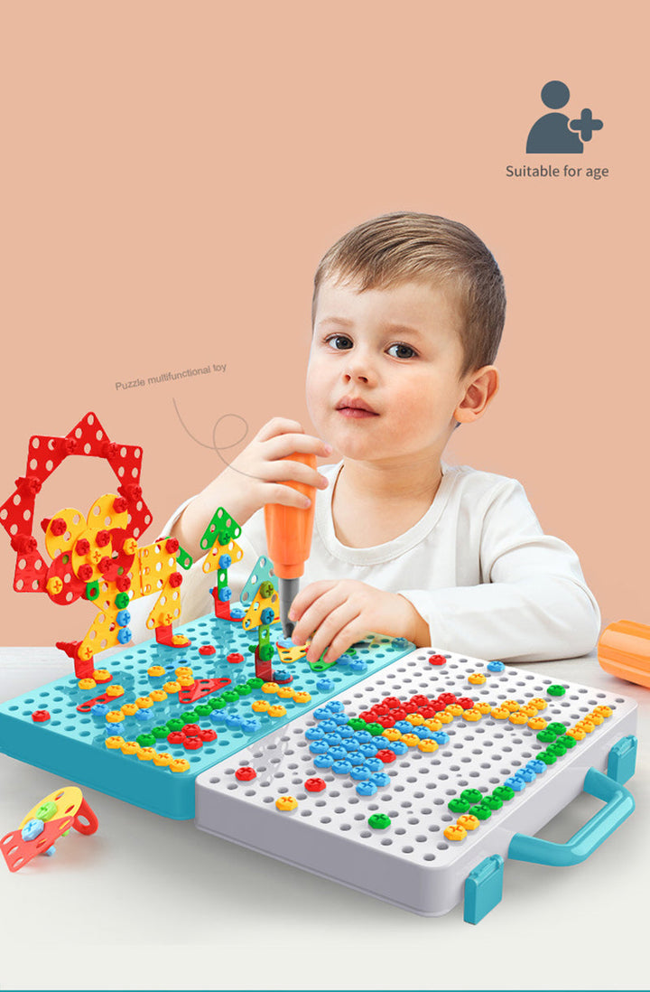 Die ansprechende Verpackung des Kinder Kreativbaukastens mit Spielzeugbohrmaschine, perfektes Geschenk.